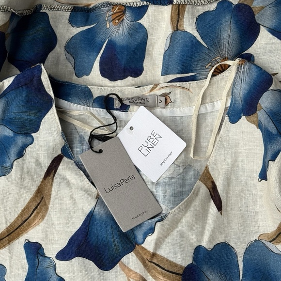 LUISA PERLA Italy Blue Linen Floral Maxi Dress 3/4 Bell Sleeve Size M Beach - Picture 4 of 4